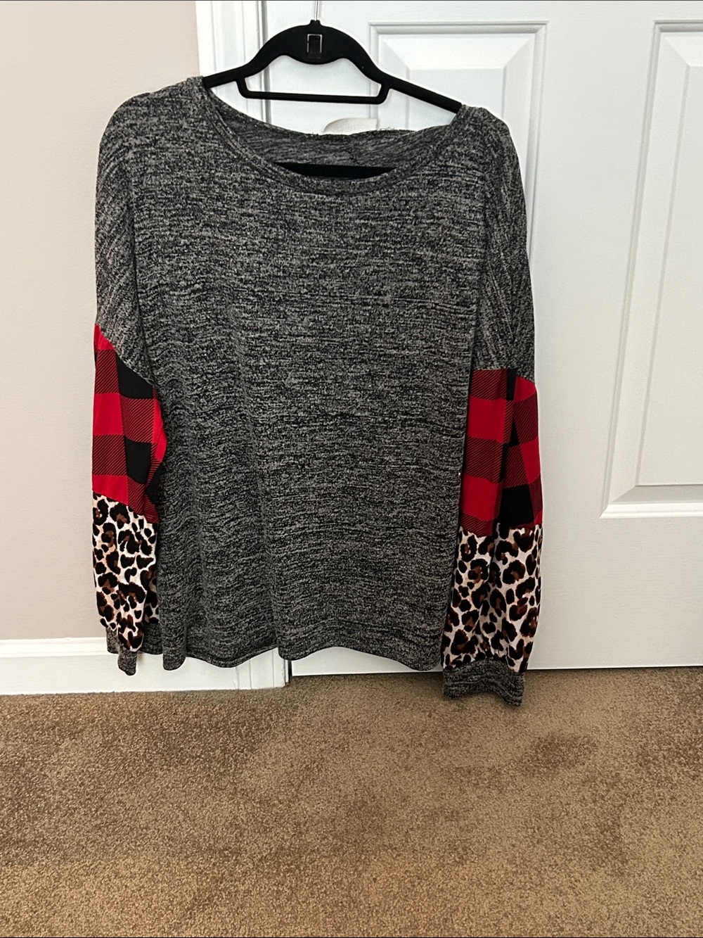 Women's Gray Knit Pullover with Red Buffalo Plaid & Leopard Print Sleeves